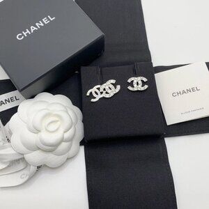 CHANEL Double CC Earrings Silver hardware With Crystals